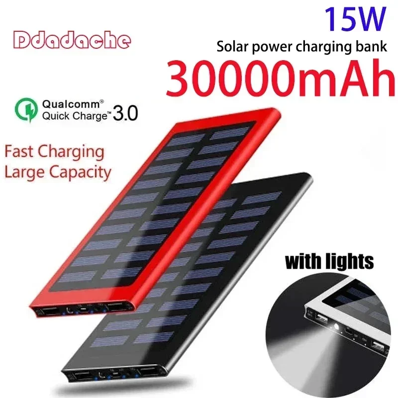 

Solar 30000mAh Power Bank Large Capacity Ultra Thin 9mm with LED Light External Solar Charger Travel Powerbank for Smartphone