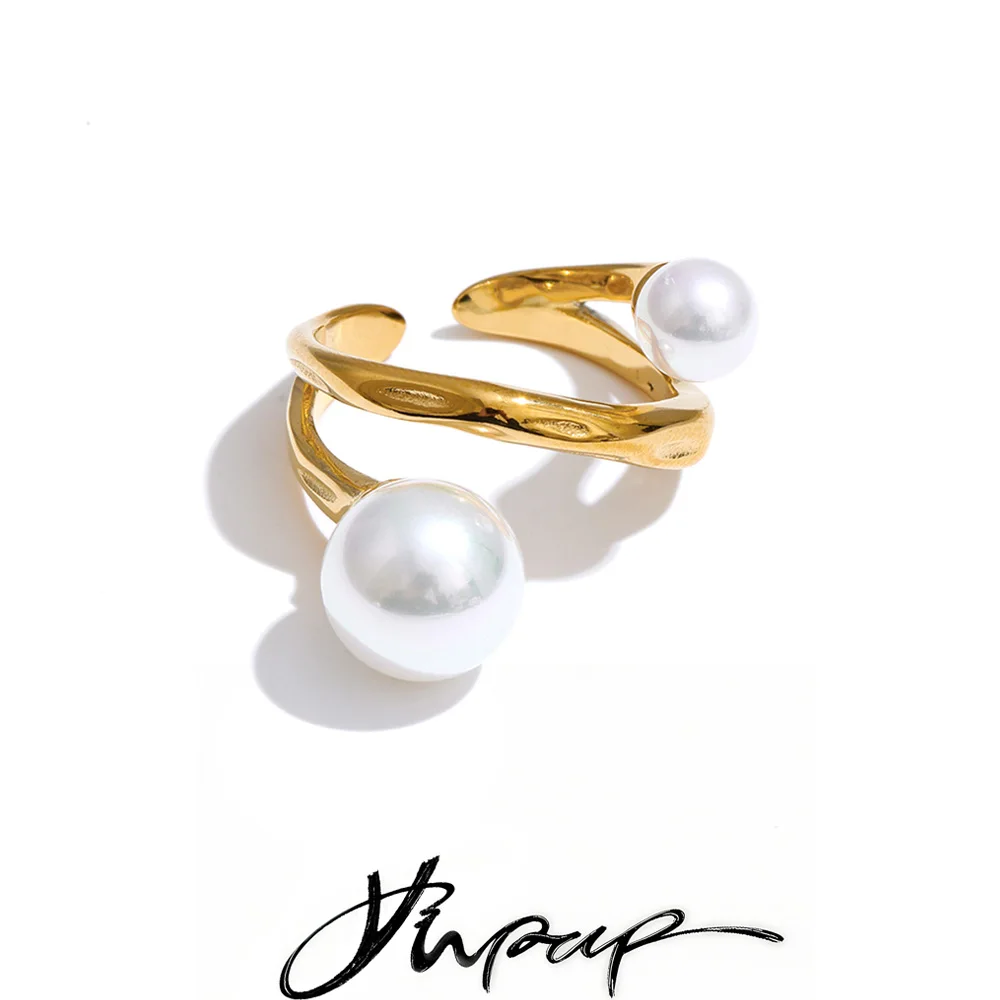 Yhpup Jewelry Simulated Pearls Layered Stainless Steel Fashion Ring