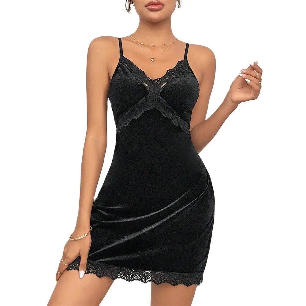 

Black Sexy Lace Trim Sling Nightdress Women's Deep V Nightgown Winter Velvet Sleeveless Sleepwear Ladies Fashiom Homedress New