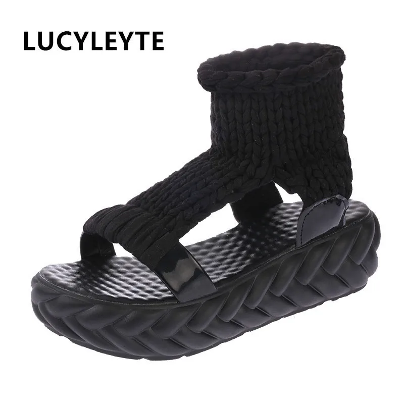 Comfortable Casual Wool Women's Summer Sandals Knit Platform Shoes Candy Color Wedge Sandalias Women