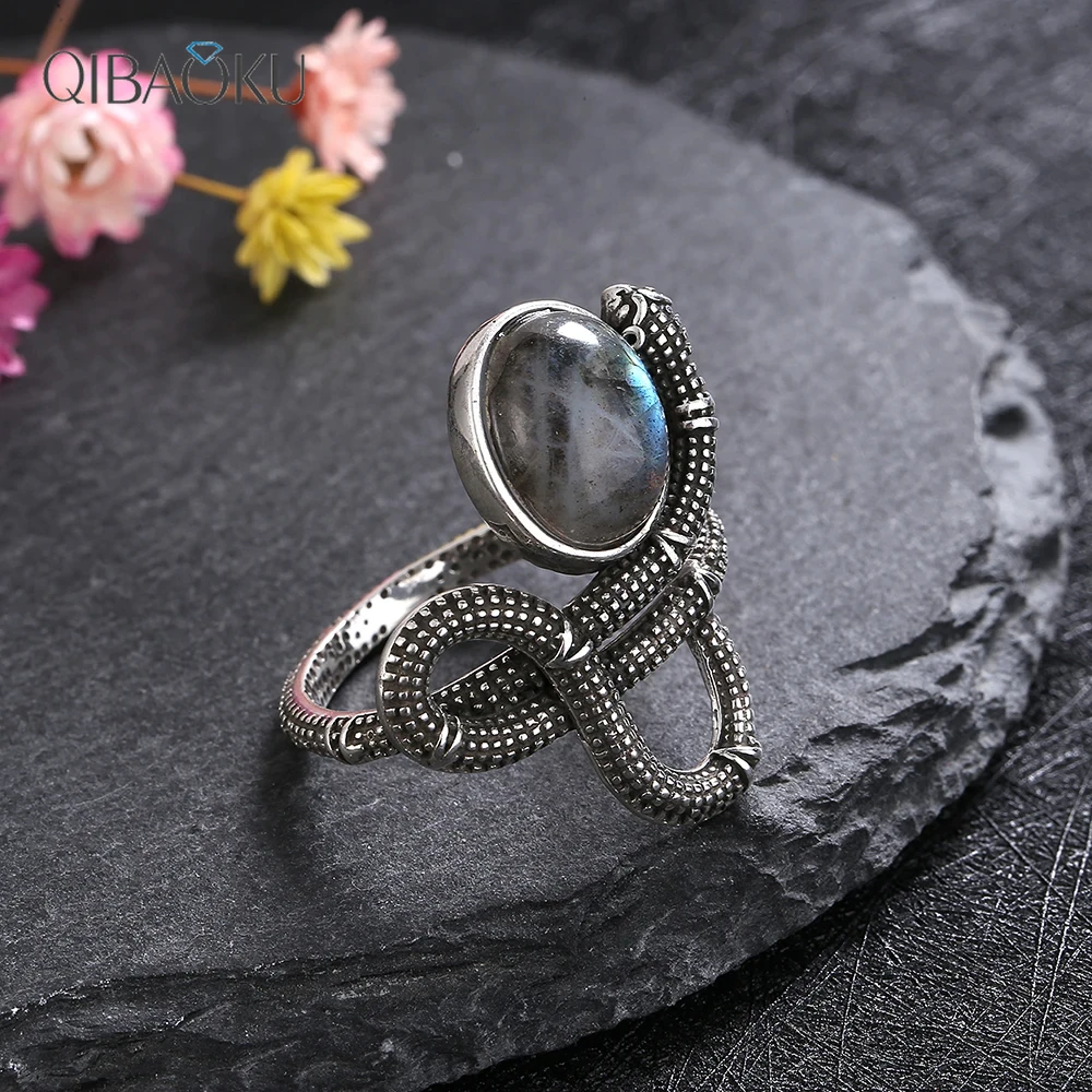 

925 Sterling Silver 10*12MM Natural Charoite Ring Snake Shaped Retro Gift for Women Men Turquoise Moonstone Animal Jewelry