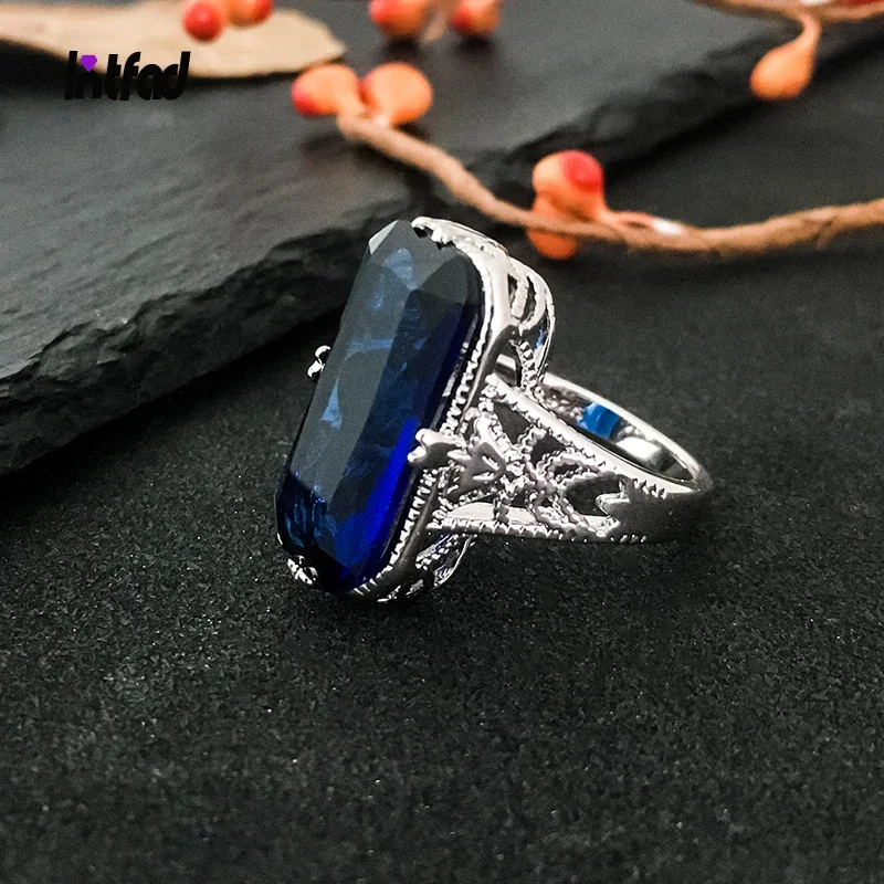 

925 Sterling Silver Rings 10*20mm Large Sapphire Stone Ring for Men Women Fashion Carved Hollowed-out Design Fine Jewelry