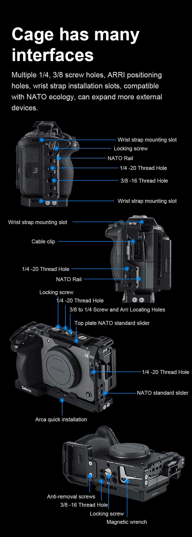 Camera Full Cage for SONY FX3/FX30 with Multiple Expansion Holes Aluminum Alloy