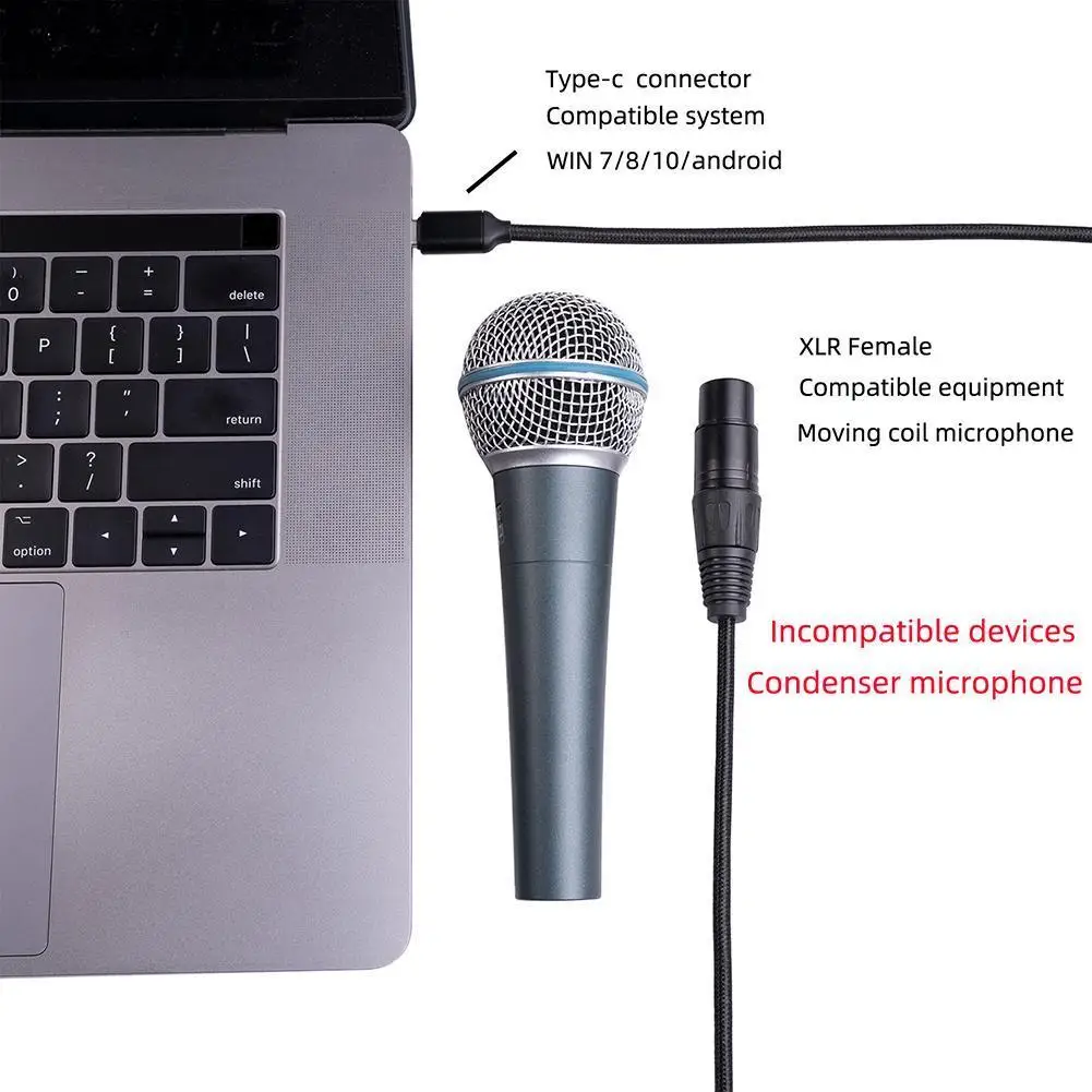 2/3m Microphone Cable Type-c Male to XLR 3 Pin Female Microphone Audio Cable Compatible for  OS X
