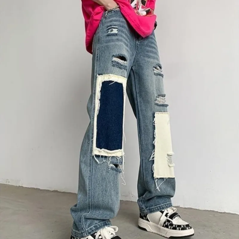 

West Coast American vibe pants High street fashion design sense patchwork ripped jeans men's summer beggar pants