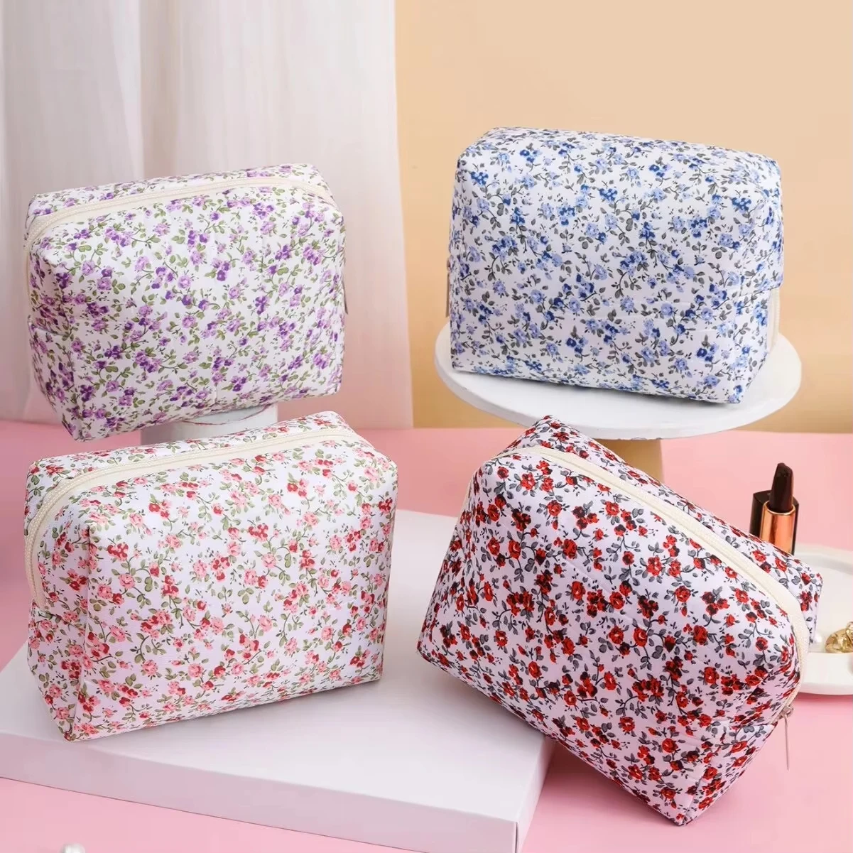Storage Organizer Floral Puffy Quilted Makeups Bags Flower Printed Cosmetic Pouch Large Travel Cosmetics Bag Makeup Accessory 2