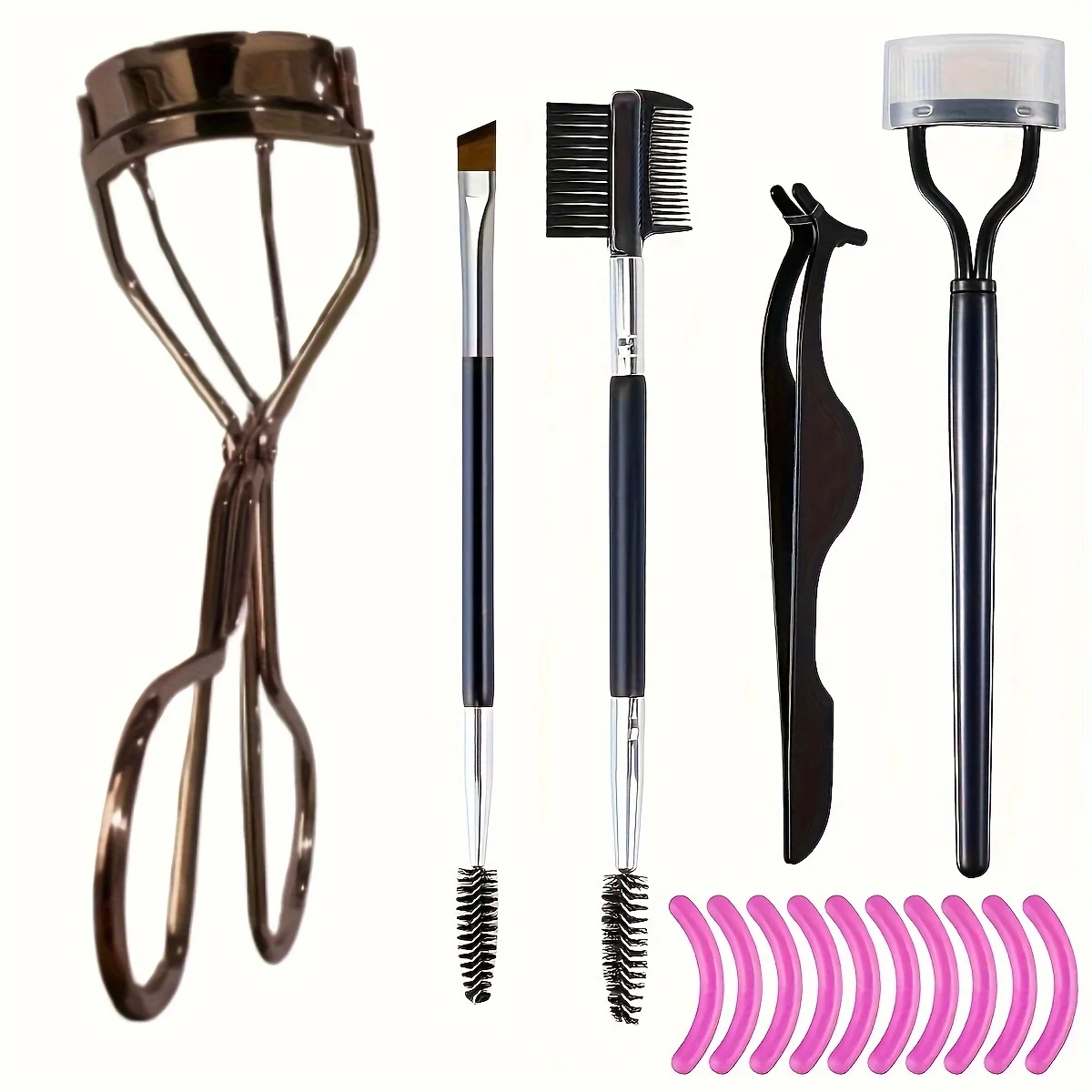 Eyelash Curlers Eyebrow Brush Kit for Women w Lash Curler, Eyelash Comb Seperator, Mascara Brushes, Extension Tweezers,