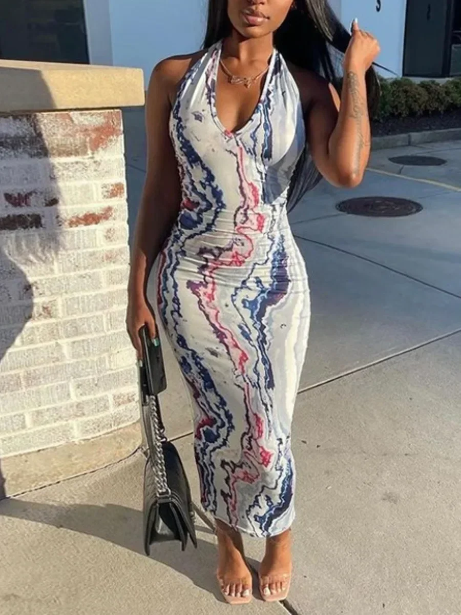 2024 New Fashion Print Halter-neck Long Skirt Mid-waist Temperament Commuter Bag Buttock Dress Dress for Women dress for women