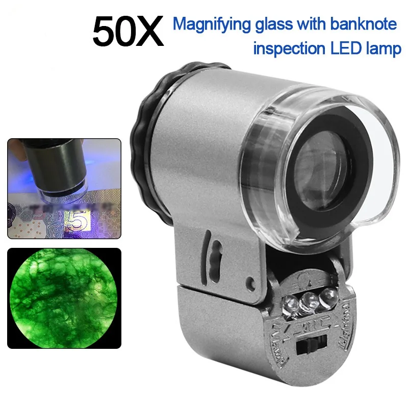 

50 times magnifying glass to see jade jewelry antique mini microscope with LED light and UV money detector light