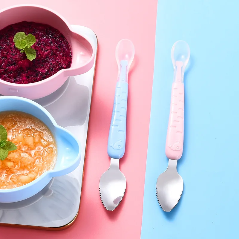Baby Food Feeding Spoon Stainless Steel Scraping Silicone Soft Spoon Infant Tableware Utensil With Box Children Toddler Cutlery silicone cutlery set baby feeding spoon