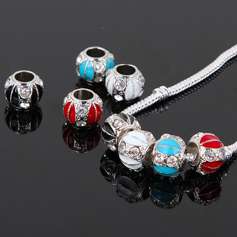 

TUMBEELLUWA 5pcs Colors Enamel Rugby Inlay Rhinestone Charm European Big Hole Beads Jewelry Accessory For Making Bracelet 12x9mm