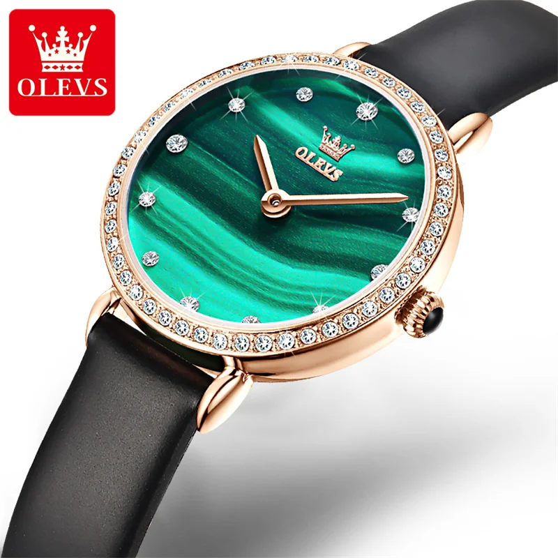 OLEVS Brand Fashion Green Small Dial Quartz Watches Women Luxury Diamond Leather Strap Waterproof Ladies Watch Relogio Feminino