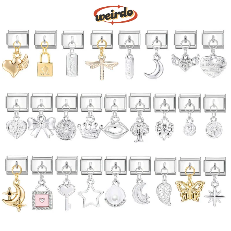 

Weirdo Retro Charm Bow Seven Pointed Star Leaves Moon Italian Charm Links Fit 9mm Bracelet Stainless Steel DIY Making Jewelry
