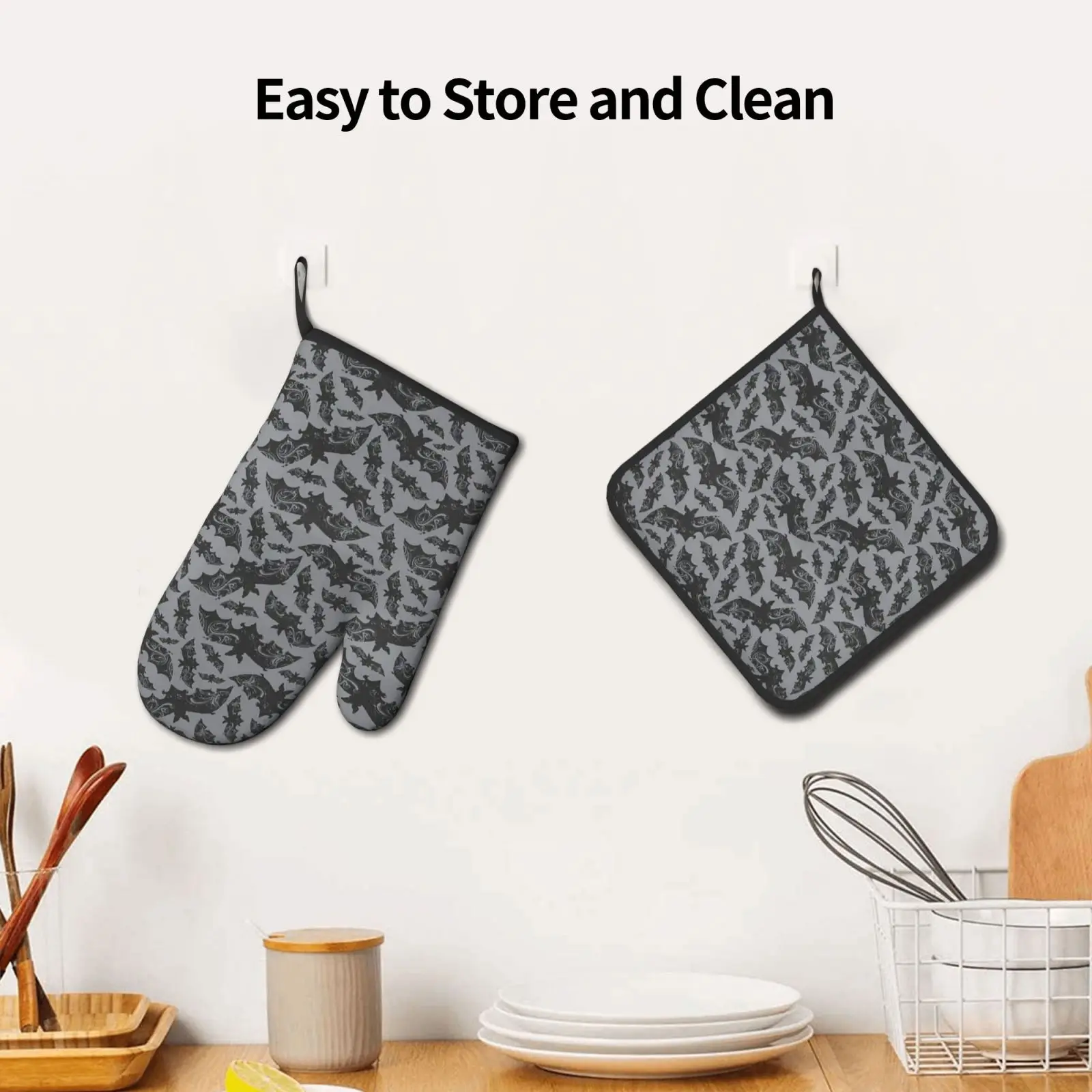 Halloween Bats Oven Mitts and Pot Holders Heat Resistant Non Slip Oven Gloves for Safe Cooking Baking Grilling