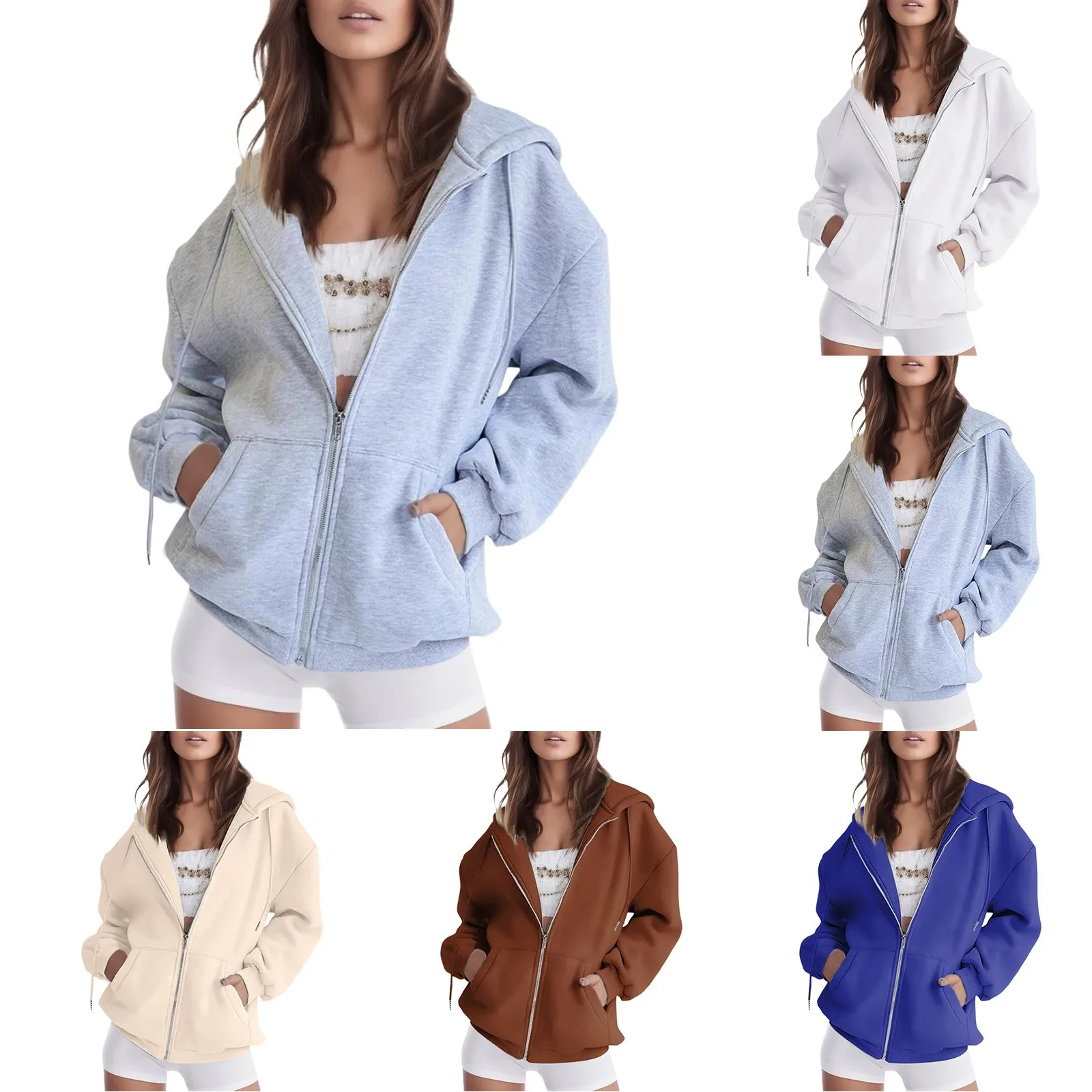 

Fashion Gray Zip Up Sweatshirt Vintage Hoodies Womens Casual Solid Long Sleeve Zipper Hooded Coat Pocket Sweatshirt Top зип худи