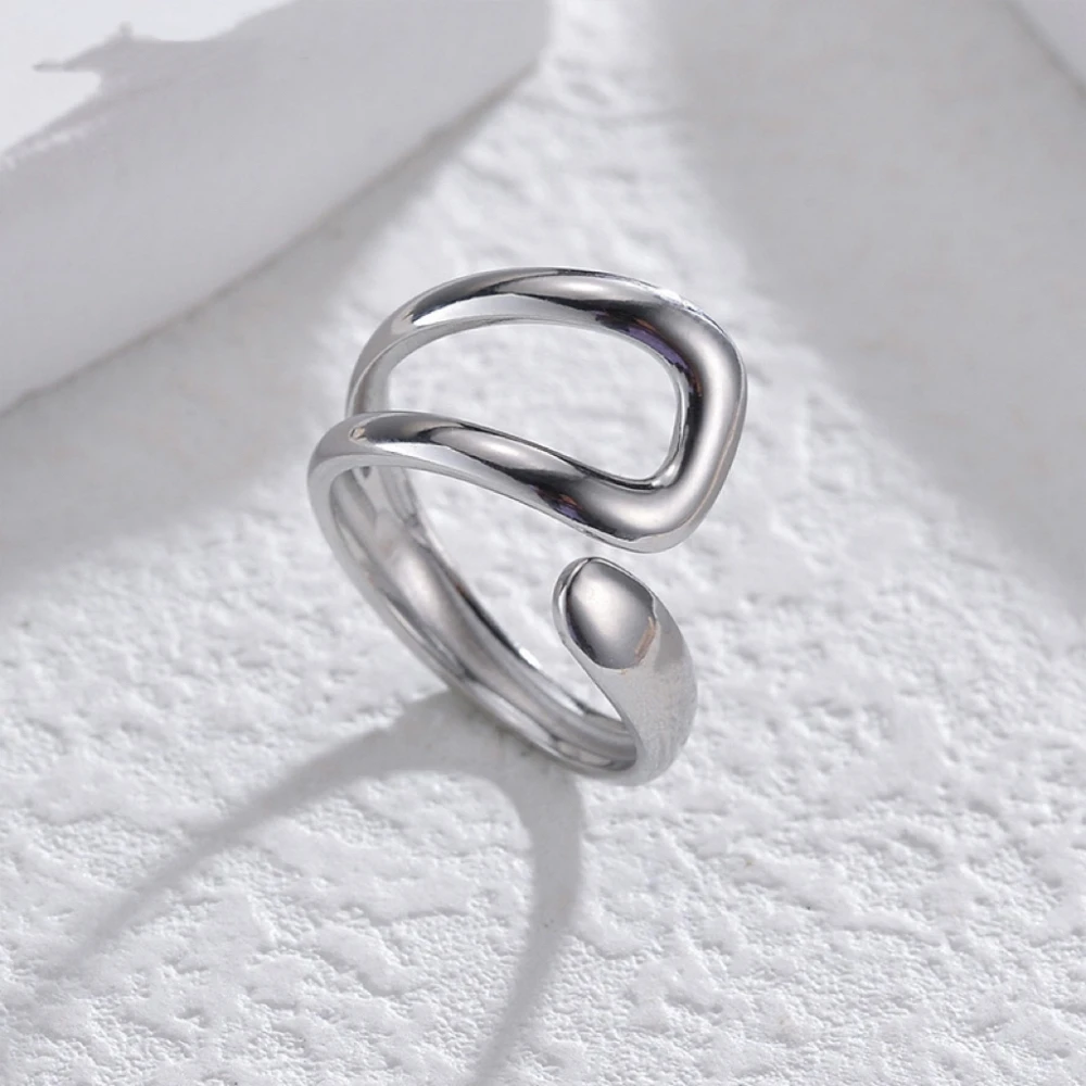 Maria Minimalistischer offener Ring in Silberfarbe, Wassertropfenform, Damenmode, Retro, glatt, elegant, handgefertigter Schmuck, Geburtstagsgeschenke – Detail 9