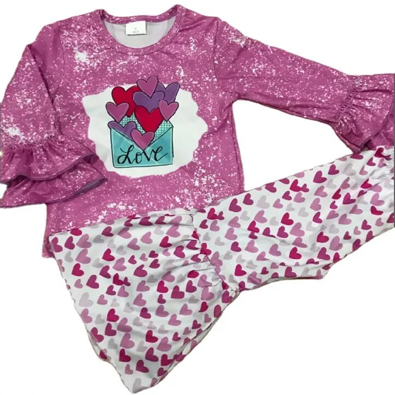 

High Quality Children Clothing Sequins Ruffle Heart Print Long Sleeve Bell Pants Girls Dresses