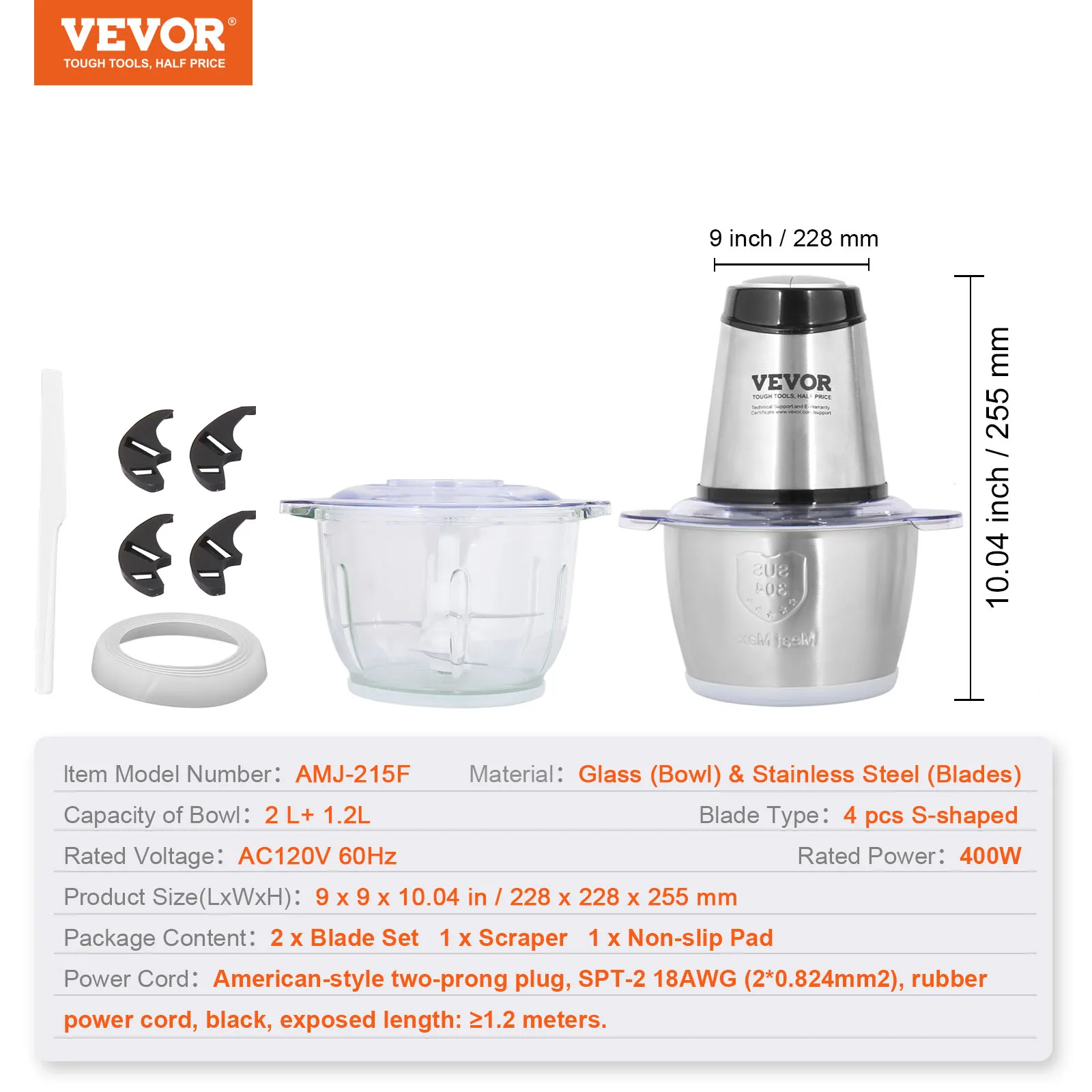 VEVOR Food Processor, Electric Meat Grinder with 4-Wing Stainless Steel Blades, 8 Cup+5 Cup Two Bowls, 400W Electric Food Chopper, 2 Speeds Food