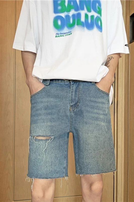 용수철 여름 남성용 짧은 의류, 해변 찢어진 청바지, 데님 코튼 바지, 캐주얼 비즈니스 소셜 남성 반바지, A116, 2024 신제품