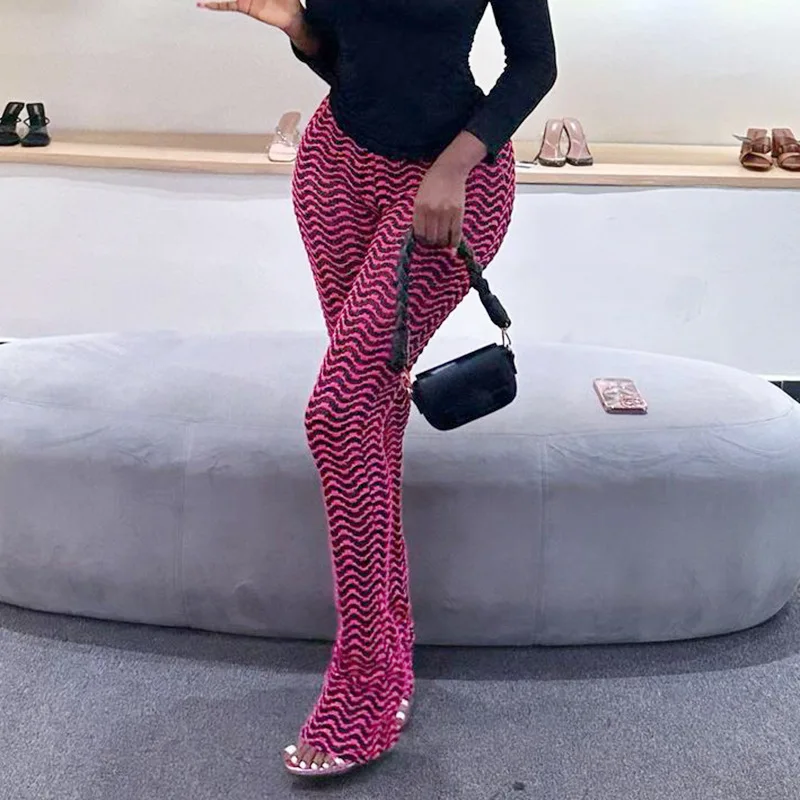Description Picture 3 of itemBOOFEENAA Black and White Wave Striped Knitted Pant for Woman Y2k Streetwear Sexy High Waist Extra Long Stacked Pants C66-CF26