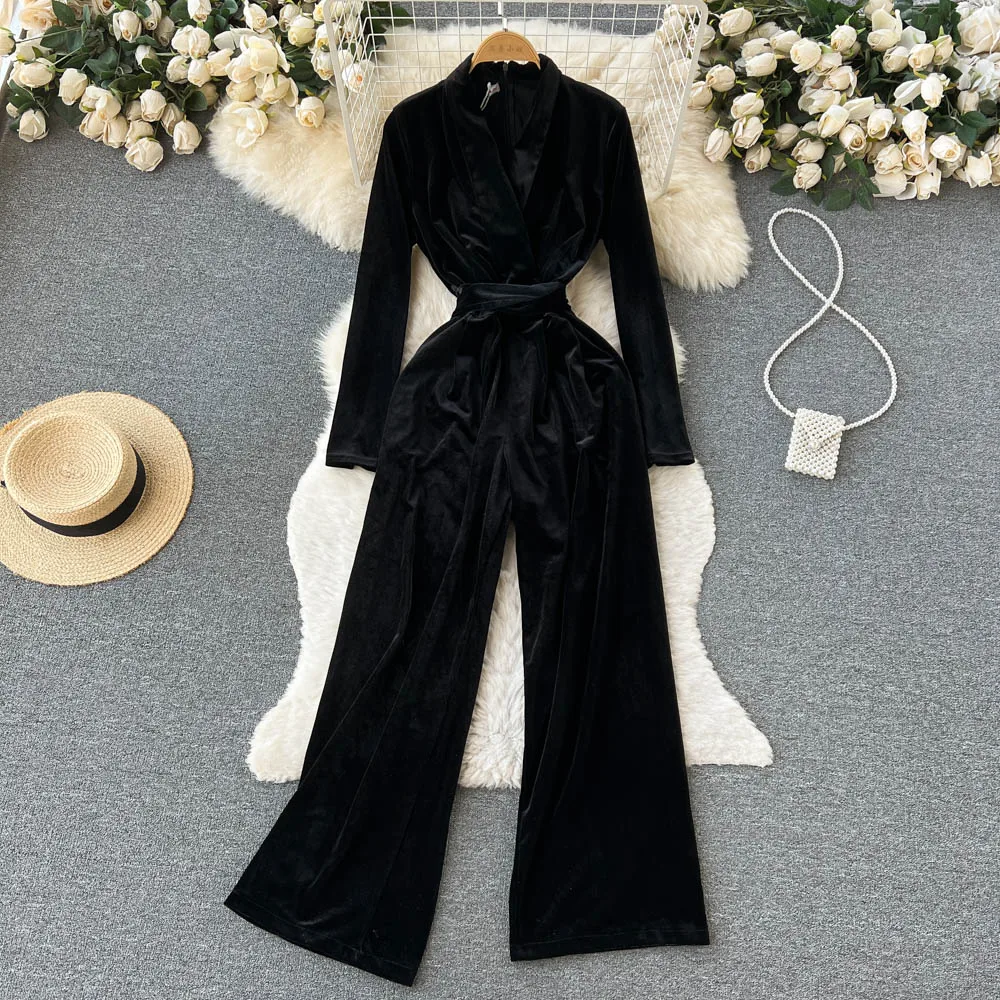 

Fashionable Retro Female Black Jumpsuits Temperament V Neck Long Sleeve Velvet High Waist Wide Leg Pants Casual Women Clothes