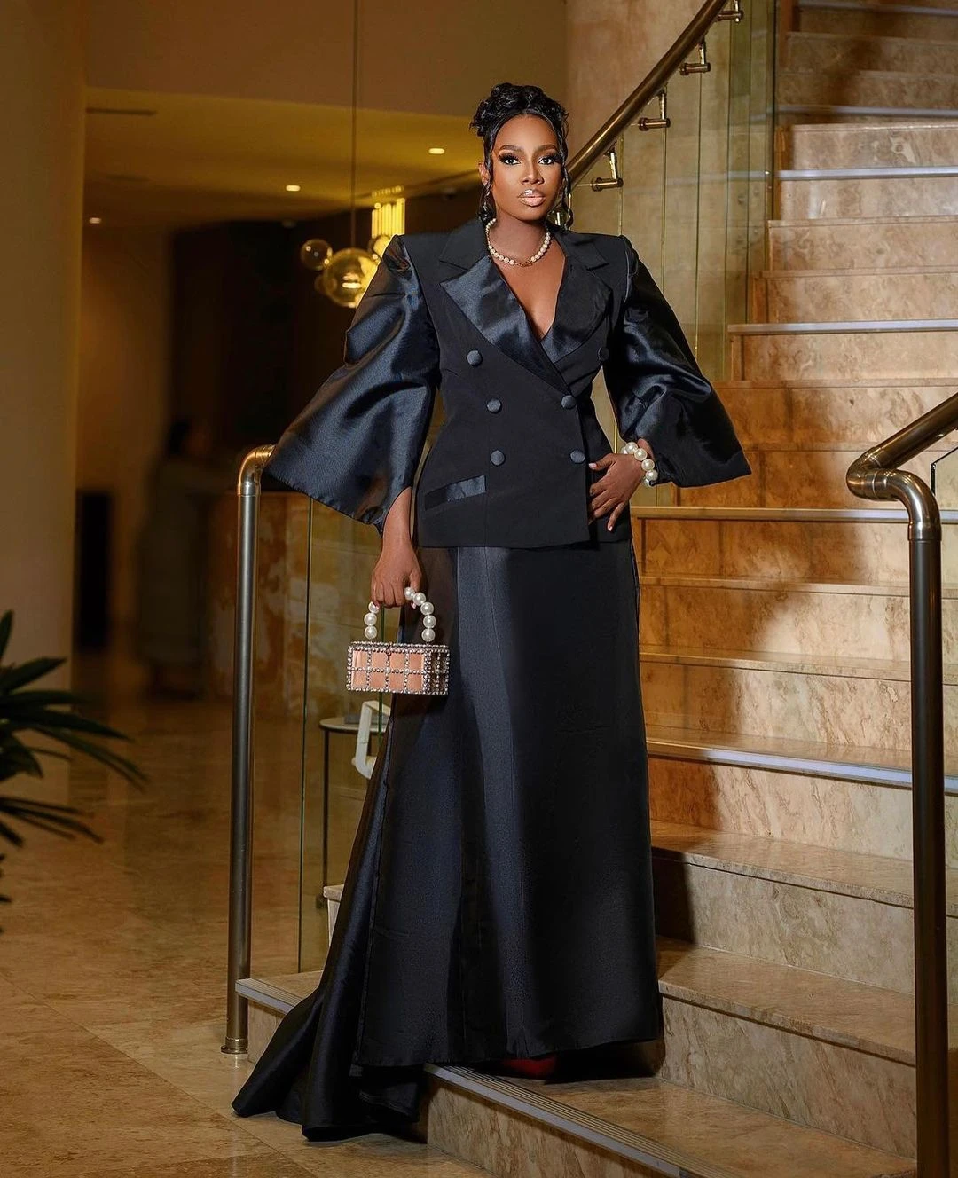 Vintage Double Breasted Women Suits 2 Pieces Elegant Black Jacket Floor Length Skirt Made Evening Gowns