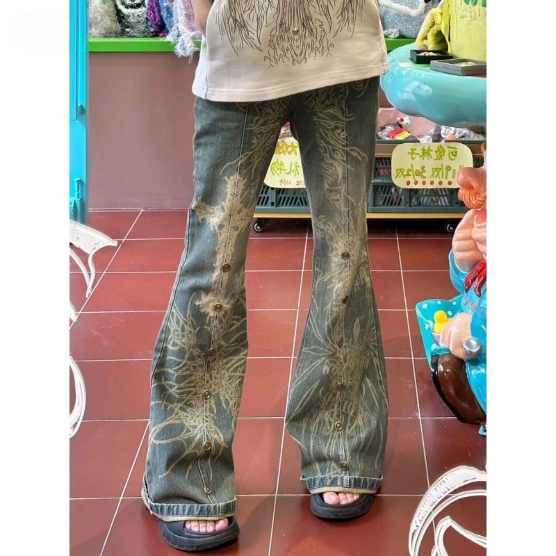 

American Vintage High Waist High Street Style Blue Straight Jeans Pants Women's Wide Leg Print Baggy Retro Denim Trouser