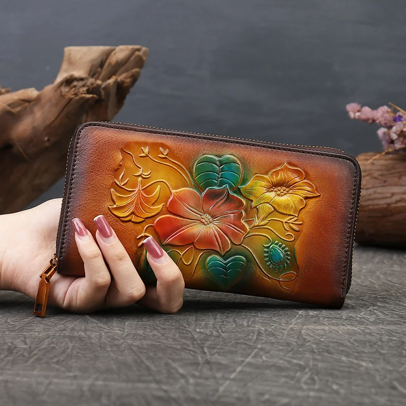 

New national wind pressure flower Leather Wallet Zipper women's long change handbag top layer cowhide