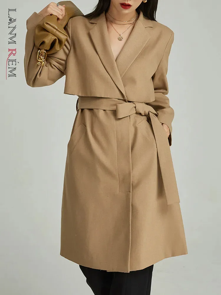 

[LANMREM] High End Solid Lace-up Trench For Women Long Sleeve Loose Office Lady Loose Female Overcoat 2023 Autumn New 26D4806
