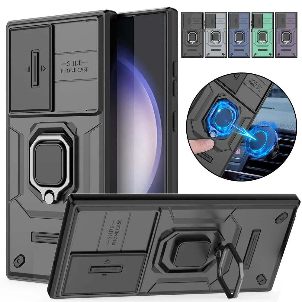 Custodia per Samsung S23 Ultra Plus A54 A34 A14 A24 4G 5G Slide Camera Ring Stand Armatura Protezione anticaduta Cavalletto_voghion.com