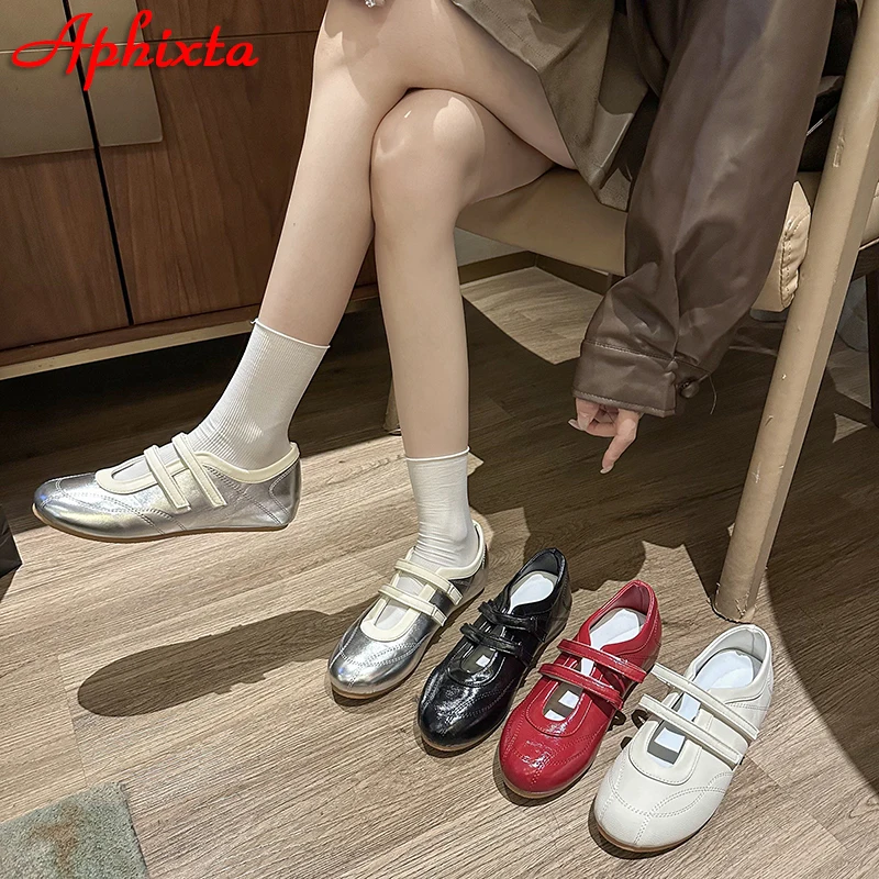 Aphixta Hook & Loop Casual Shoes Luxury Flats High Quality Silvery Woman Shoes Red Flat Heel Fashion Ladies Footwear