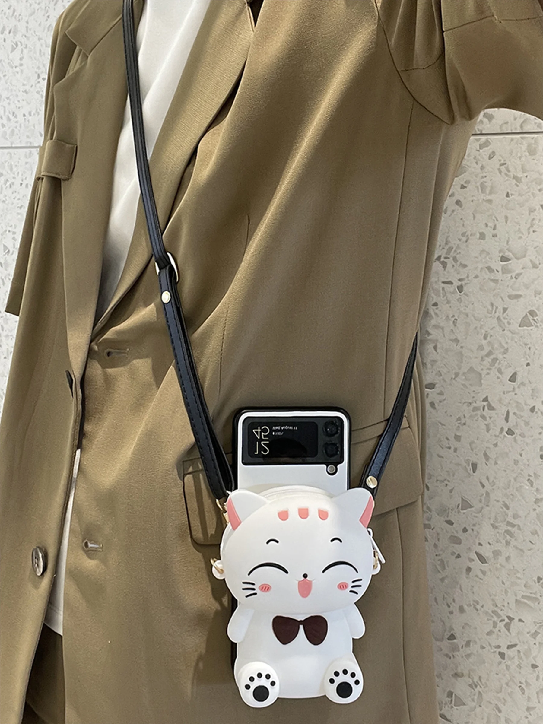 Cute Korean Crossbody Leather Lanyard Cat Coin Purse Card Wallet Case