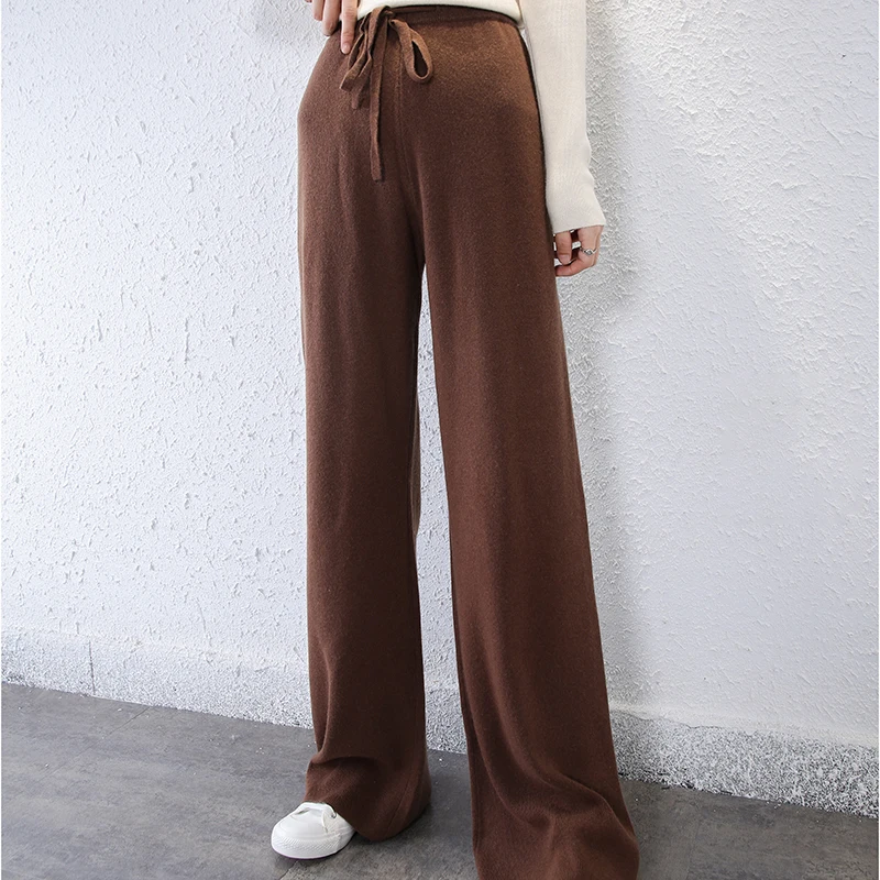 thin high waist trousers elastic casual women's wide leg pants 100% wool knitted mopping pants with elastic waist tie for women