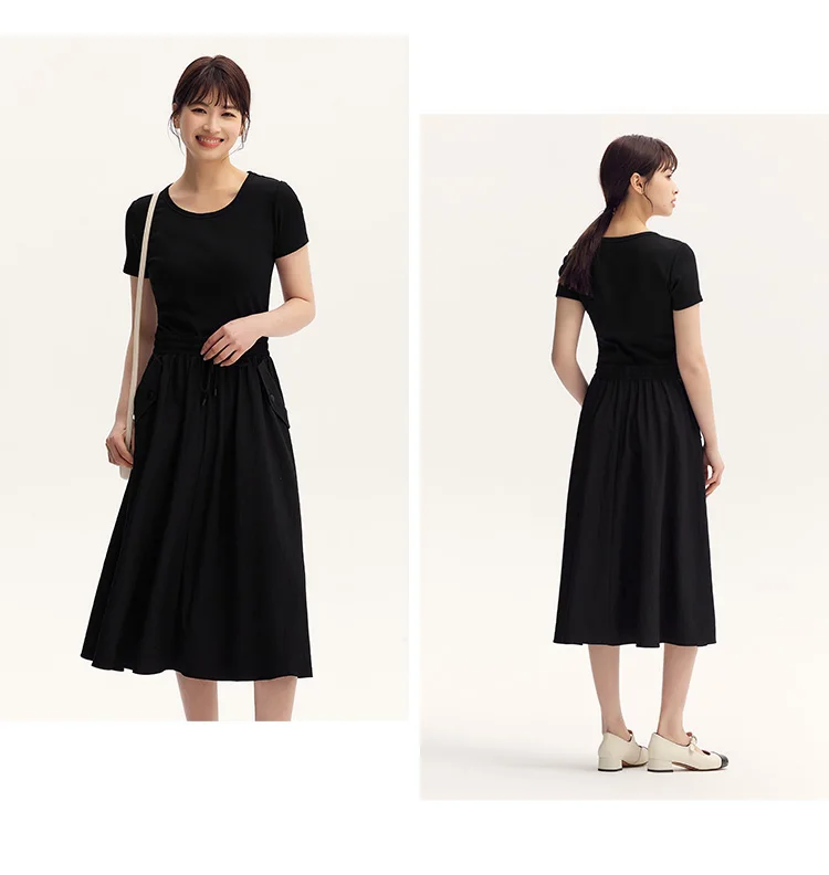 Dress Women Slim-Fit Waist-Cinching Dress Summer New Fake Two-Piece Round Neck Midi Versatile Dress