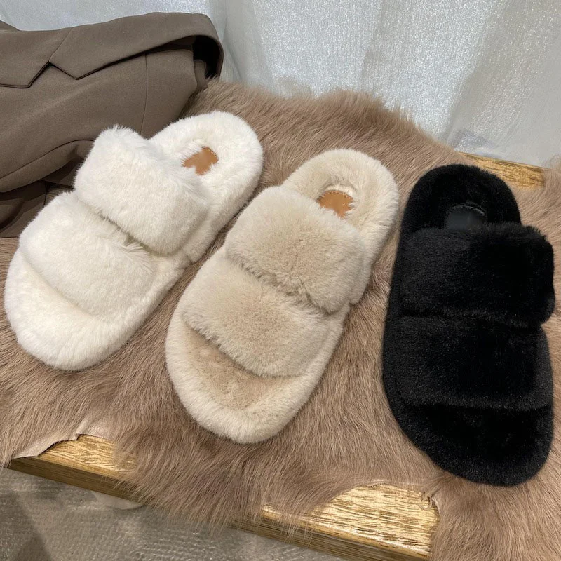 

Senior Sense Women's Slippers Imitation Fur Summer Going Out Comfortable Flat Slippers Fashion Home Plush Women's Slippers