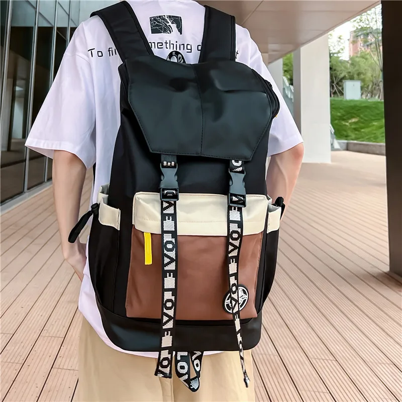 Nylon Color-Blocking Backpack for Men and Women Schoolbag