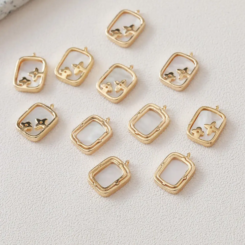 

2PCS Dainty Rectangular Shell Brass Edging Pendant Simple Flower Charm for Jewelry Making DIY 14k Gold Plated 10*15mm