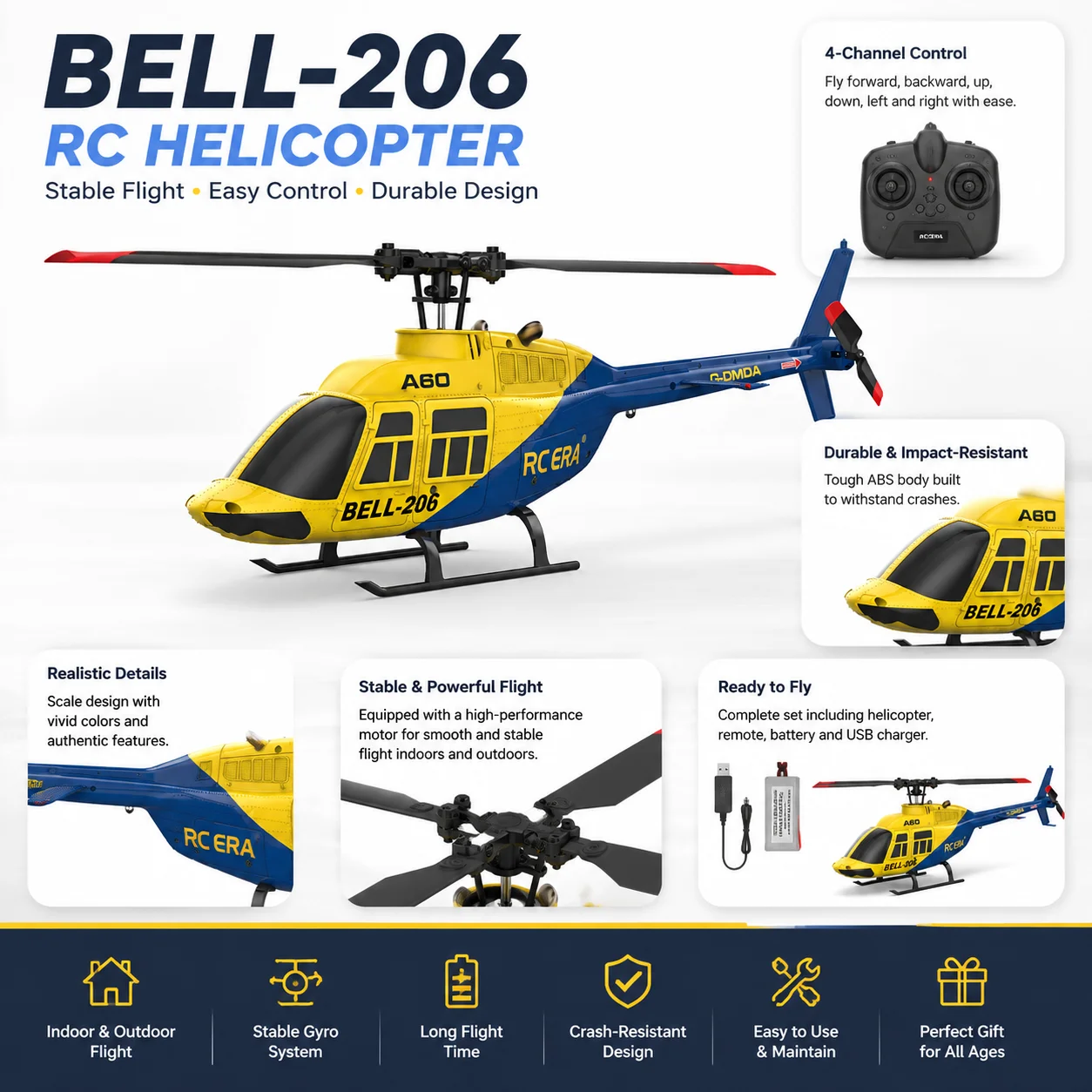 SCY A60 RC 헬리콥터, 1/42 스케일 벨 206 2.4G 4CH 플라이바리스 헬리콥터 (광학 흐름 고도 유지, 6축 자이로, 원키 기능 탑재)