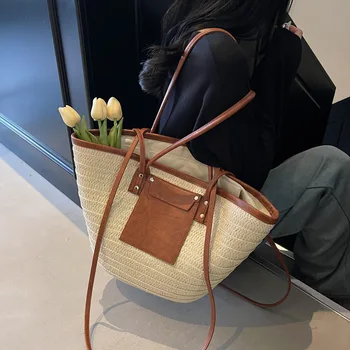 Borsa a Spalla da Donna in Paglia 2026, Grande Capacità, Nuova Borsa Estiva Fatta a Mano, Borsa da Spiaggia Intrecciata, Borsa a Cesto in Paglia Stile Vintage, per Pendolari