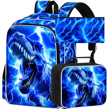 17" Dinosaur Backpack, Boys Lightning Kids Bookbag with Lunch Box, 3Pcs Dino School Backpacks for Elementary Preschool Kin 1