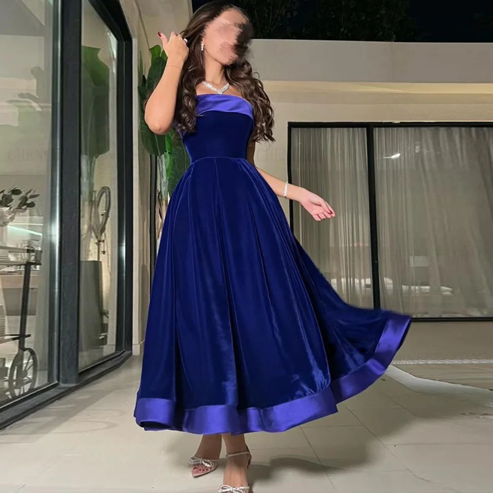 

Royal Blue Velour Formal Occasion Dresses 2024 Strapless A-line Long Ball Gowns Lace Up Sexy Evening Party Gowns فساتين الحفلات