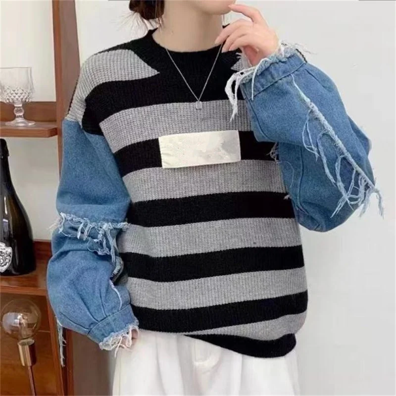 

Hsa Denim Spliced Long Sleeve Sweater 2023 New Women Pullover Wear Korean Loose Thicken Knitting Trend Casual Top Gray Clothing