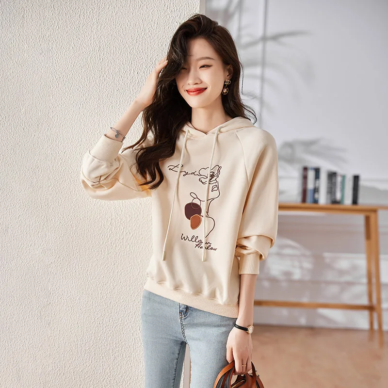 2024 Spring High Quality Daily Casual Comfortable Hoodies Women Loose Chic Cartoon Embroidery Sweatshirts Simple All-match Tops