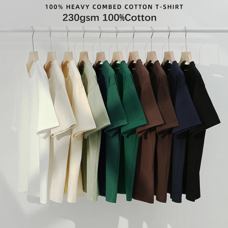 

CAAYU 230gsm Drop-shoulder T-shirt Mens LargeSize Short Sleeve Summer Cotton Tops Solid Color Casual Male TeeShirts Dropshipping
