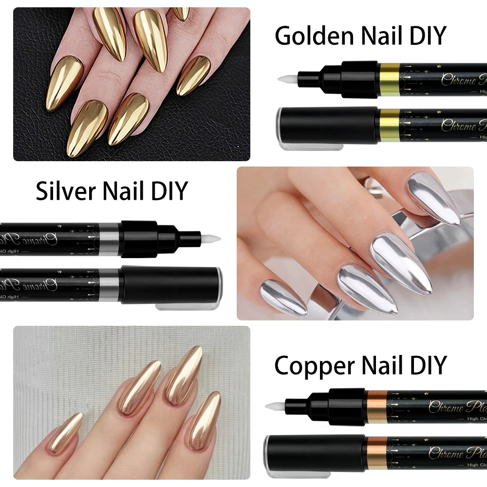 Nail Liner Brush Mark Paint Lines Stripe Painting Flower Pen Nail Art Manicure Metal Pen， Waterproof Reflective Gloss Chrome Pen 2