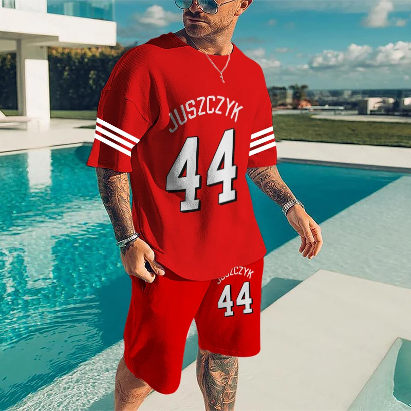 2022 Summer Men's T-shirts Set 2 Pieces Oversized Fashion Short Sleeve+Shorts Red Sportswear Breathable Casual Fitness Outfit