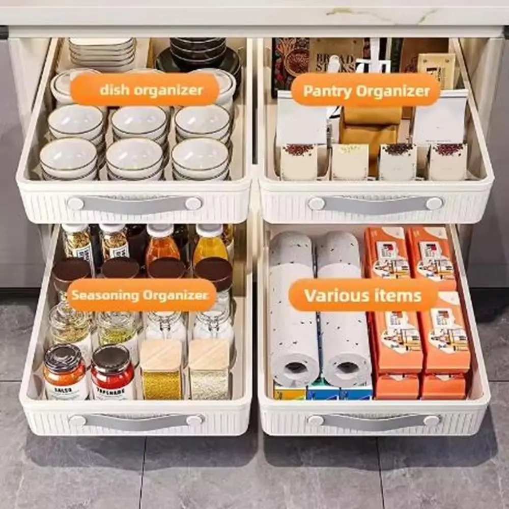 Plastic Kitchen Drawer Storage Rack Non Punched Large Capacity Spice Jars Storage Rack with Handle Anti-slip