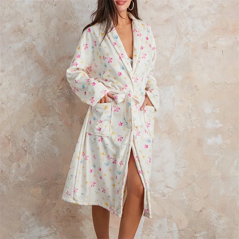 Women Sleepwear Sleepwear Pajamas Women Flannel Robe Home Sleepwear Floral Print Shawl Collar Bathrobe Kimono Robe With Belt Winter Warm Pajamas Clothes