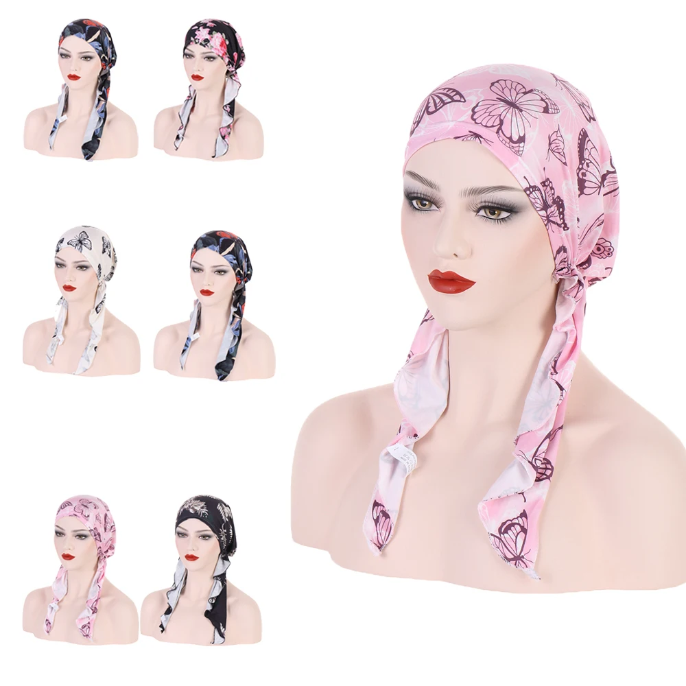 

New Pre-Tied Turban Women Chemo Cap Muslim Hijab Inner Caps Hair Loss Cover Beanies Bonnet Long Tail Headscarf Hat Headwrap Caps