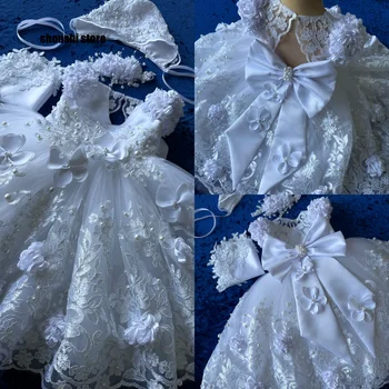 Cute Lace Baptism Christening Gown With Bonnet Outfit Baby Girls White Party Birthday Gown Wedding 3D Flower Girl Dress 1